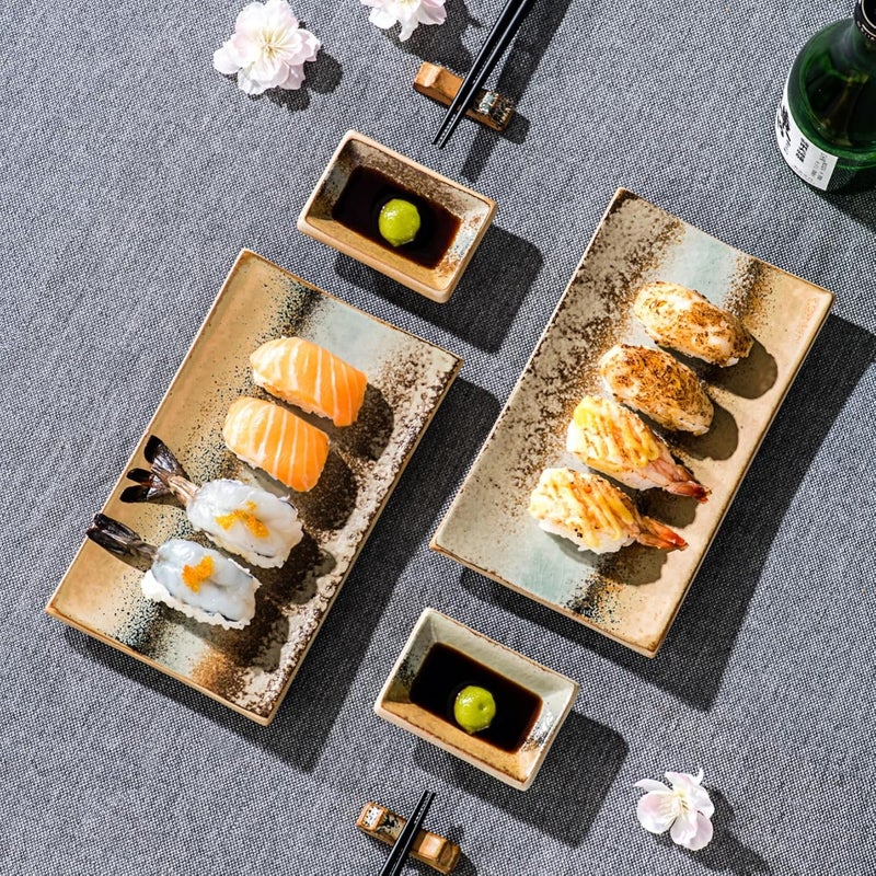 UNICASA Japanese Style Sushi Plate Set 8 Piece, Ceramic Sushi Dishes Serving Set, Include 2 Sushi Plates, 2 Sauce Dishes, 2 Pairs of Chopsticks, 2 Chopsticks Holders - Image 4